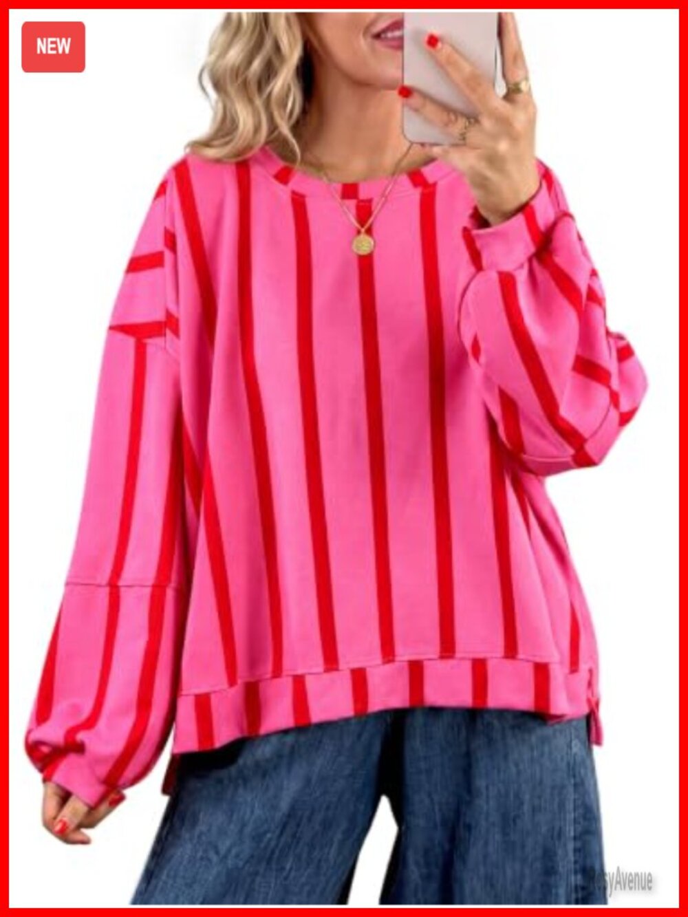 Oversized Striped Long Sleeve Sweatshirt Color Block Drop Shoulder Top